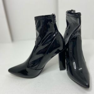 Black patent leather ankle bootie